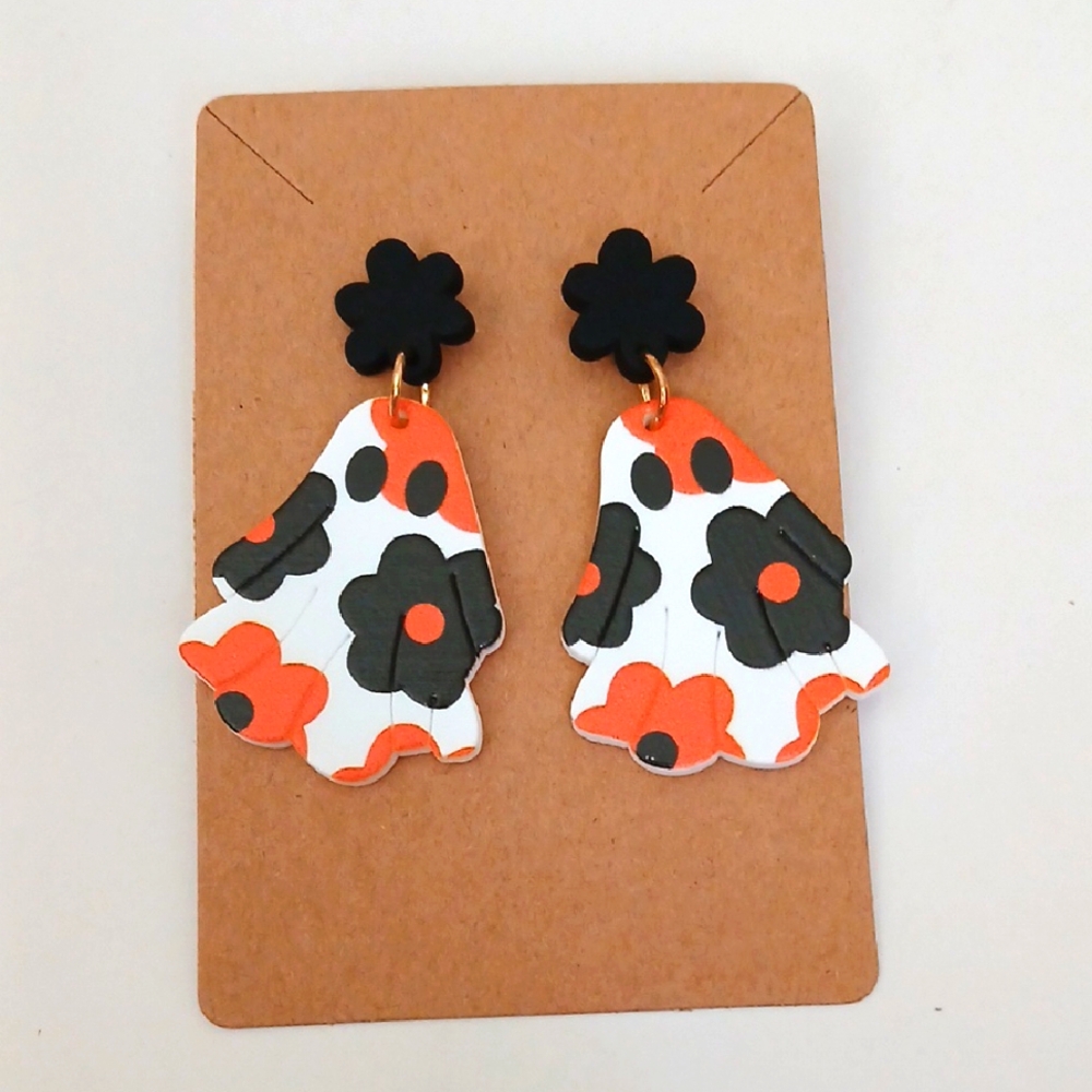 Fashion Jewelry Black and Orange Floral Ghost Earrings